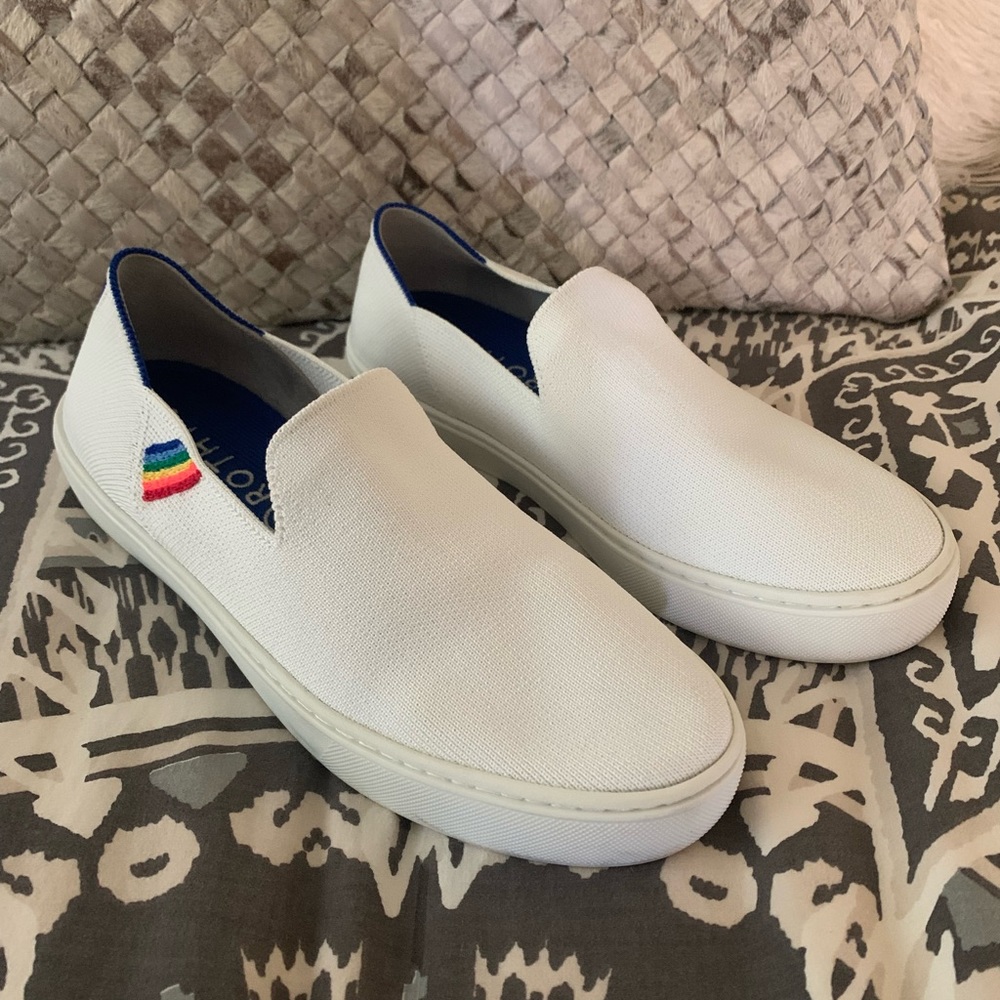 Rothy’s limited ed Rainbow pride unicorn slip on white